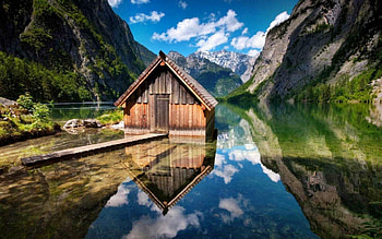mountain shack, clouds, nature, lake, mountain HD wallpaper