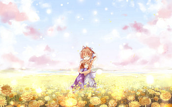 Anime, Sky, Clouds, Field, Girl, Tenderness, Embrace HD wallpaper