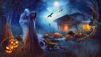 Witch's Abode, cat, ghost, witch, halloween, moon, pumpkin HD wallpaper