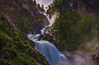 Nature, river, waterfall, tree, forest HD wallpaper