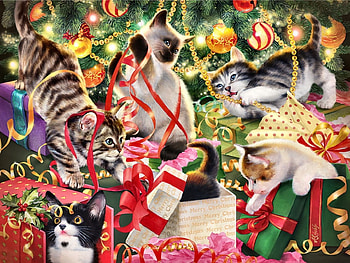 Christmas Hide and Seek F, December, art, feline, cat, beautiful, illustration, tree, artwork, scenery, occasion, wide screen, holiday, painting, Christmas, pet HD wallpaper