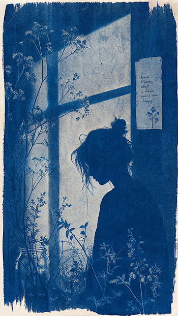 Cyanotype Daydream — Indie Silhouette , Woman, Window, Plant, Portrait HD phone wallpaper