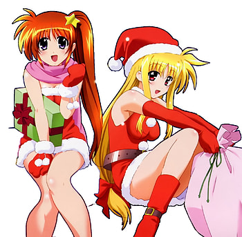 Magical Lyrical Girl Santa S, pink, presents, christmas, nanoha takamachi, magical lyrical girl nanoha strikers, fate testarossa, sack, santa HD wallpaper
