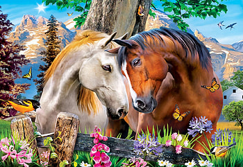 Mountain Meadow Farm, trees, butterflies, flowers, horses, painting HD wallpaper