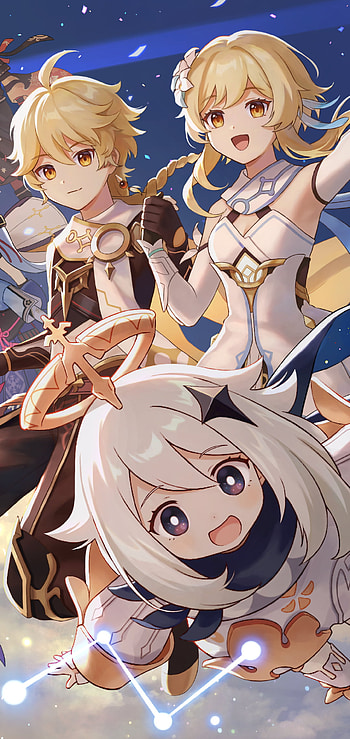 Paimon & the Travelers — Genshin Mobile, Paimon (Genshin Impact), Lumine (Genshin Impact), Aether (Genshin Impact), video game, Genshin Impact HD phone wallpaper