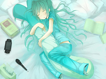 Miku Sleeping, blue, awesome, leek, cute, vocaloid, sleeping, beauty, nice, miku, negi, vocaloids, hatsune, pillows, white, pajamas, bed, hatsune miku, aqua, beautiful, book, anime, pretty, aqua hair, green, cool, micro HD wallpaper