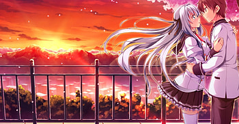 Anime, seifuku, sunset, sakura HD wallpaper