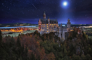 Night, Neuschwanstein Castle, Germany, , Meteor, Moon, Stars, Castles HD wallpaper