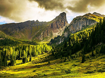Green Season On Mountains, Alps, beautiful, Italy, grass, green, clouds, trees, cliff, mountains, forest HD wallpaper