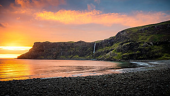Fiery sunset at Talisker Bay Beach, Isle of Skye, Scotland, sky, cliff, sea, clouds, landscape, colors HD wallpaper