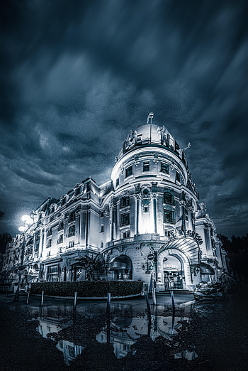 Cities, Architecture, Building, Facade, Black And White, Puddles HD phone wallpaper