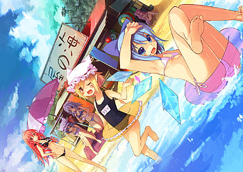 Touhou girls, blue, fun, cute, beach, flandre, shrine maiden project, water, sexy, remilia, bikini, scarlet, anime girls, sakuya izayoi, anime, cool, touhou, sky, cirno, hog meiling HD wallpaper