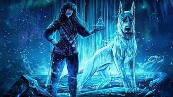 The Frost Mystical Warrior And Ice Hound, dog, warrior, artist, artwork, art, digital-art HD wallpaper