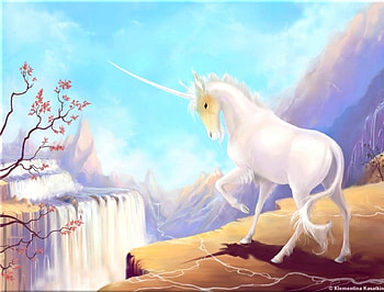 Pearl Unicorn, waterfaalls, horse, clouds, horn, hill, tree, mountain HD wallpaper