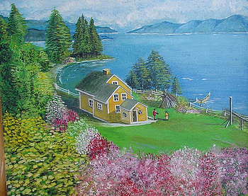 Canadian House ,Nature painted by saad kilo-montreal 1998, river, beaches, house, landscape, quebec, beach, oil painting, flowers, cottage, canada HD wallpaper