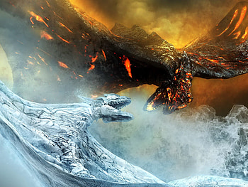 ice and magna, magna, dragon, fight, ice, lava HD wallpaper