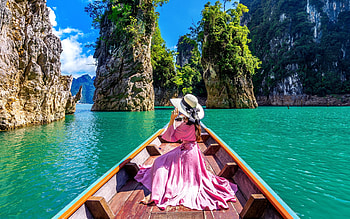 Lake in Thailand, boat, Thailand, rocks, lake, woman HD wallpaper
