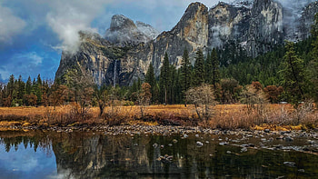 Yosemite National Park, California, reflection, trees, clouds, sky, water, mountains, rocks, usa HD wallpaper