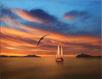 Sails and tranquility, blue, sunset sky, sailing, sailboat, calm, gold, islands HD wallpaper