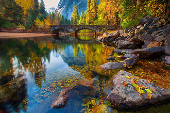 Yosemite NP, refelction, serenity, lake, fall, beautiful, leaves, national park, trees, bridge, autumn, stone, foliage HD wallpaper