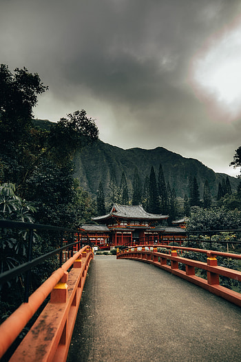 Trees, Mountains, Architecture, Miscellanea, Miscellaneous, Bridge, Pagoda, Temple HD phone wallpaper