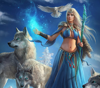 Mareshka, blue, blonde, fantasy, art, girl, lup, wolf, jorsch dennis HD wallpaper