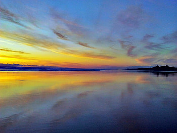 A Blue and Yellow Sunset, blue, pink, yellow, landscape, clouds, seascape, water, reflections HD wallpaper