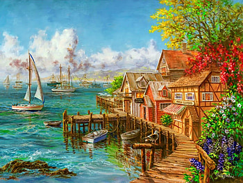 Fisherman's Shelter, coast, fisherman, pier, peaceful, serenity, painting, dock, calm, sea, art, house, beautiful, sailboat, lake, summer, sailing, shelter, cottage, lovely, village HD wallpaper