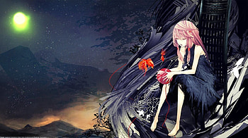 Yuzuriha Inori, night, full moon, sexy, hot, guilty crown, pink hair, long hair, twin tails, anime girl, black dress, sitting, moon, ball, cool, female HD wallpaper