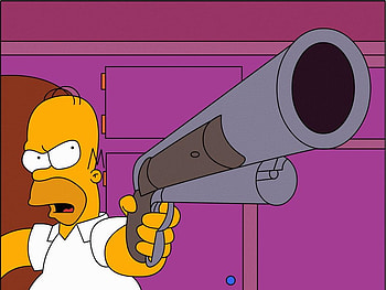 Homer, Don't You Dare Move, cartoon, barrel, eyes, homer, mad, tv, face, gun, simpsons HD wallpaper