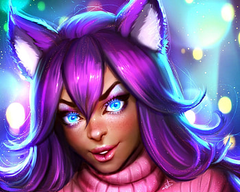 Ahri, art, ayyasap, mblue, girl, fox, woman, pink, karen, fantasy, league of legends, ears, luminos, nine tails HD wallpaper