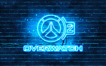 Overwatch 2 blue logo, , blue brickwall, Overwatch 2 logo, games brands, Overwatch 2 neon logo, Overwatch 2 HD wallpaper