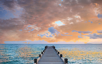 Pier by Sea, wooden, clouds, sea, pier HD wallpaper