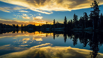 Dawn at Velma Lake, Desolation Wilderness, California, reflections, landscape, clouds, trees, sky, water, usa, sunset HD wallpaper