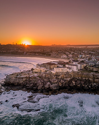 Cities, Sunset, Sea, Beach, City, Building, View From Above, Coast HD phone wallpaper