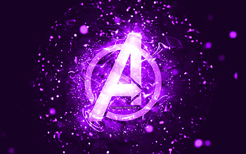 Avengers violet logo, , violet neon lights, creative, violet abstract background, Avengers logo, superheroes, Avengers HD wallpaper