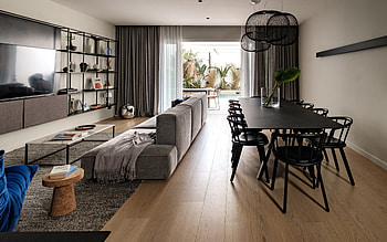 living room, stylish interior design, black long table, living room idea, country house, modern interior HD wallpaper