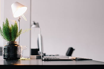Stylish modern office desk with laptop, lamp, and indoor plant for productive work environment. HD wallpaper