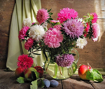 still life, bouquet, color, graphy, vase, beautiful, nice, jug, flower, plum, cool, fruit, apple, flowers, chrysanthemum HD wallpaper