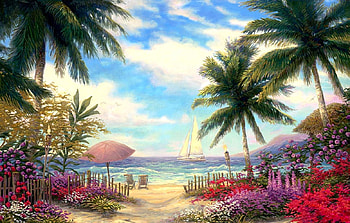 Sea Breeze Path, sea, sand, path, beautiful, sailboat, beach, painting, sunshades, clouds, flowers, lovely, palm trees HD wallpaper
