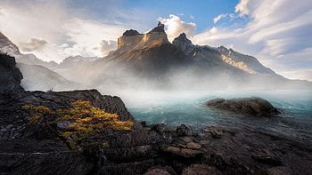 Torres del Paine, Chile, fog, rocks, peaks, clouds, landscape, sky HD wallpaper