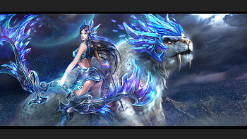 Fantasy girl, blue, white, tiger, girl, pink, moon, fantasy, game, luna, luminos, creature HD wallpaper