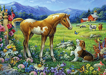 Foal And Puppy, dog, butterflies, barn, horse, cows, meadow, flowers, mountains, painting HD wallpaper