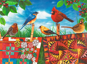 Birds and quilts, colorful, birds, quilts, art, beautiful, grass, tree, summer, leaves, pretty, blanket, cardinals HD wallpaper