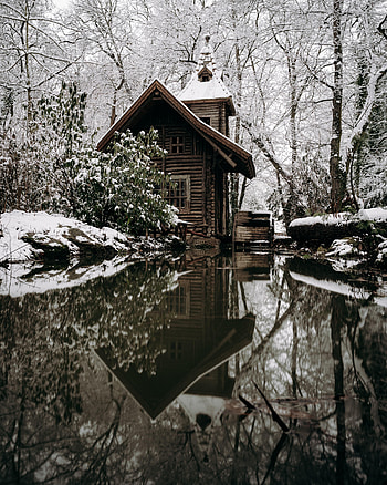 Winter, Nature, Rivers, Snow, Small House, Lodge HD phone wallpaper