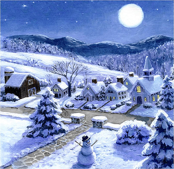 By Ruth Sanderson, winter, landscape, church, tree, snowman, moon, snow, ruth sanderson, ice HD wallpaper