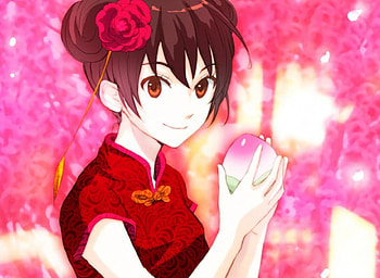 Peach Plum, cute, floral, oriental, long hair, dress, flower, plum, fruit, female, blossom, brown eyes, sweet, gorgeous, chinese, girl, food, anime girl, elegant, anime, red, brown hair HD wallpaper