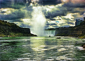 Niagra, falls, power, foam, rocks, sun rays, beauty, clouds, trees, sky, water HD wallpaper