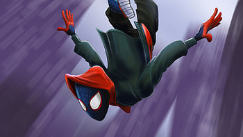 Miles Falling, spiderman-into-the-spider-verse, spiderman, superheroes, artwork, artist, digital-art HD wallpaper