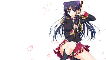 Sweet Warrior, blue, sweet, sword, uniform, cute, girl, beautiful, long hair, beauty, anime, pretty, petals, red, warrior HD wallpaper